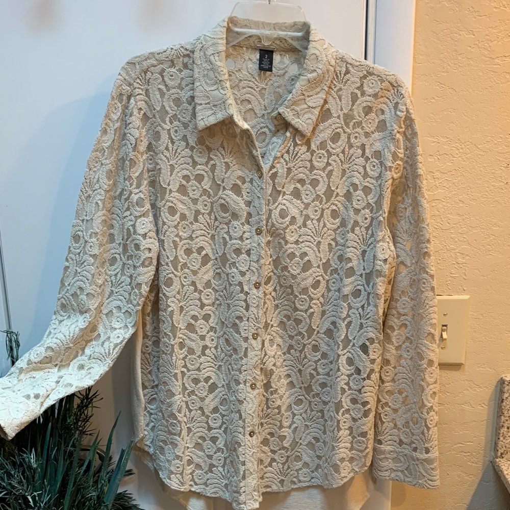 Black Label by Chico’s Tan Lace Button-Up Blouse